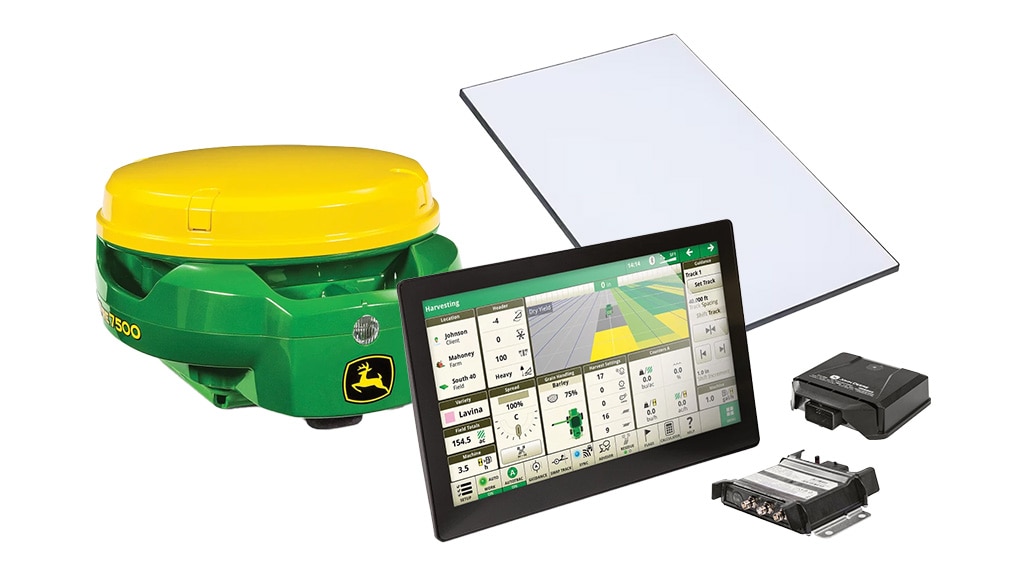 Precision ag setup with GPS receiver, touchscreen display, mounting plate, and control modules.
