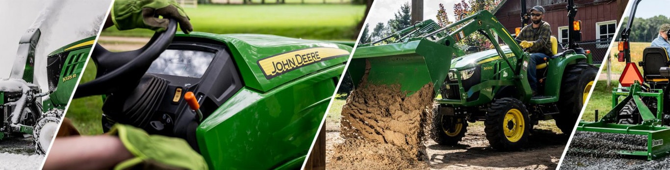 Collage of green compact tractors performing various tasks with attachments; snow-blowing, dumping soil, and leveling gravel.