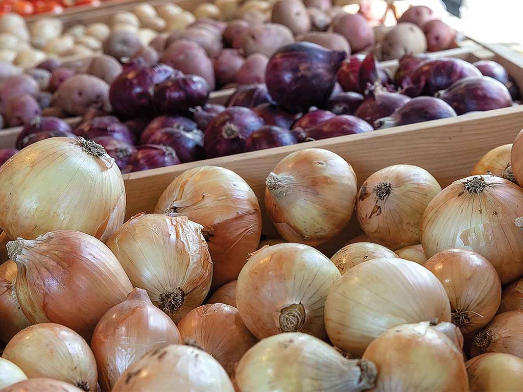 closeup of onions and potatoes