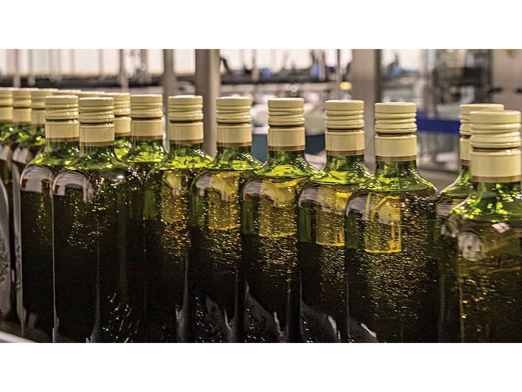 a line of bottles of olive oil in a bottling plant