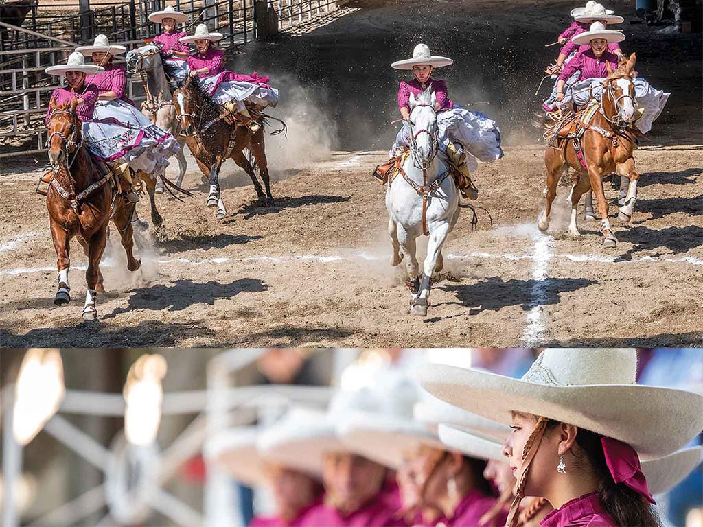 Eight riders on horseback dressed in ornate fuchsia and white outfits kicking up dust on a dirt field