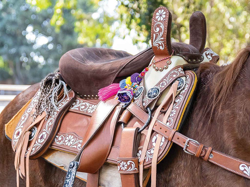 closeup of an ornately carved horse saddle atop a brown horse's back