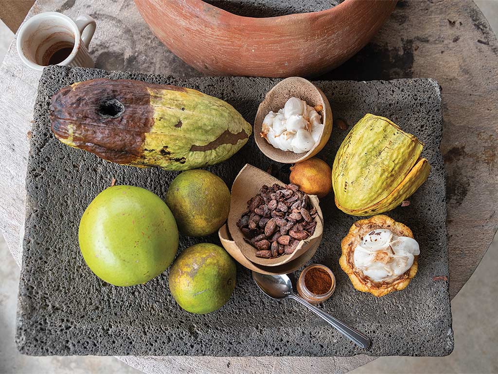 A platter of cacao, citrus, and chiles