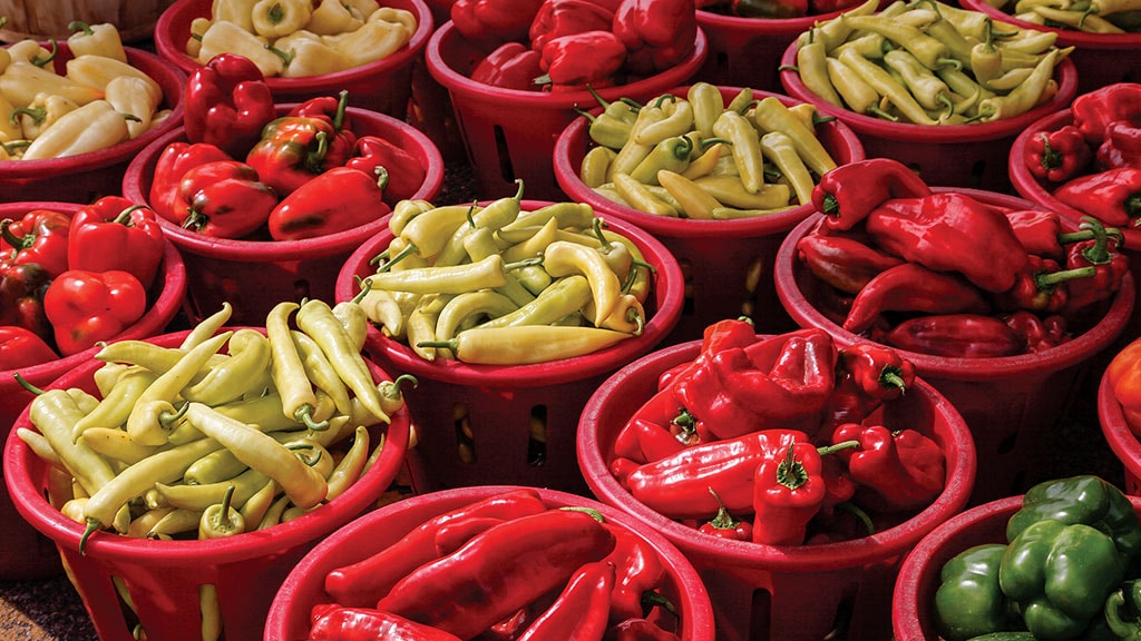 yellow, red and green peppers arranged in red basket