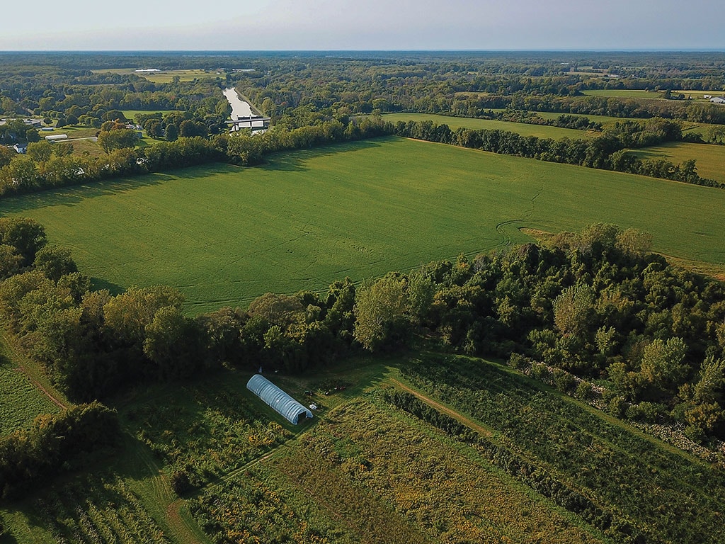 Agricultural drone flying over a green crop field with mountains in the background.