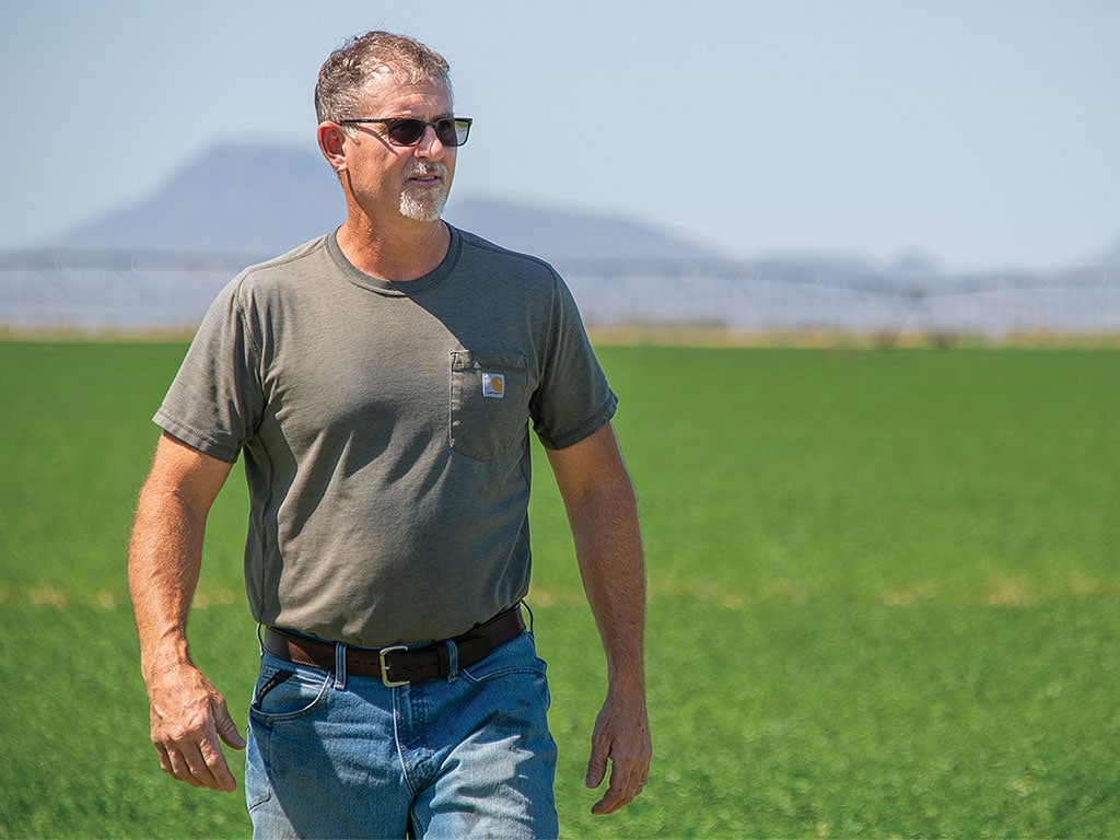 Man in a gray shirt and blue jeans walking in a green field with a mountain in the background.