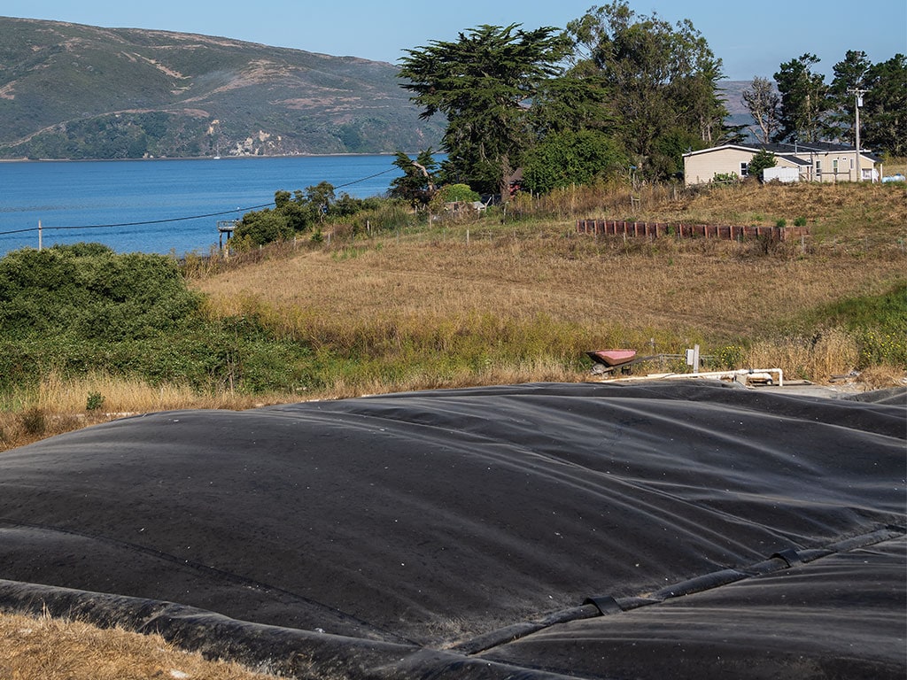 Part of farm land over the lagoon covered in black fabric