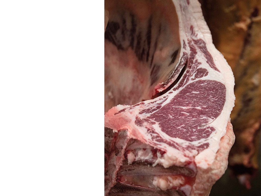 Closeup of a well-marbled bone-in ribeye