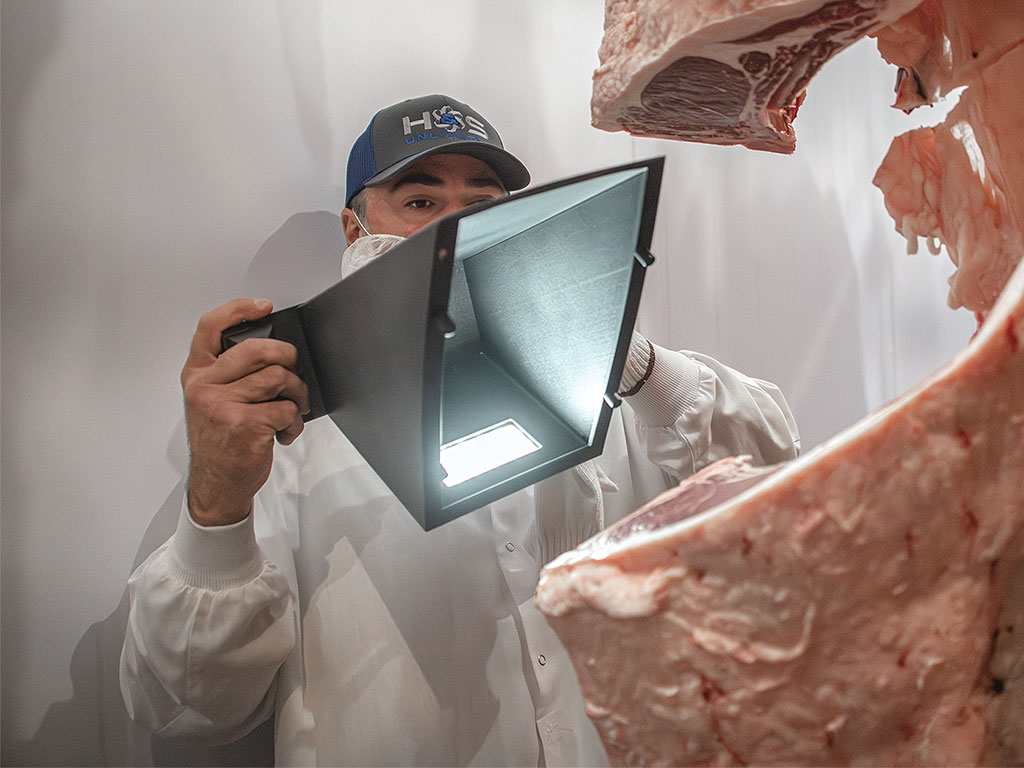 Person holding a light against the meat