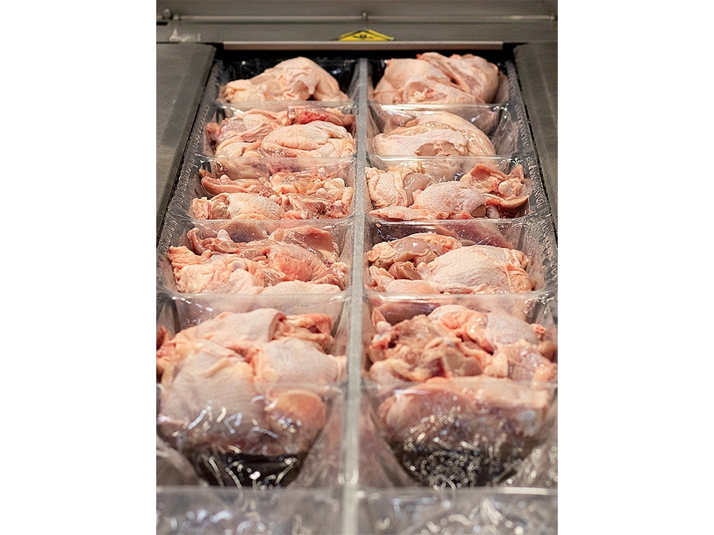 Two rows of raw chicken being broiled